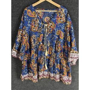 Bloomchic Blouse Women 30 Plus Blue Paisley V-Neck Tasseled 3/4 Sleeve Rayon